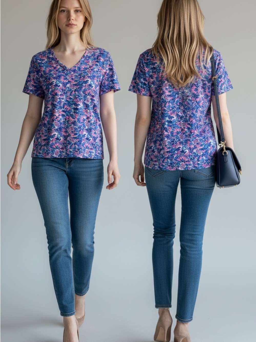Women's V-Neck Short Sleeve Floral Tee in Blue and Pink